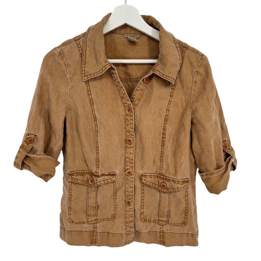 Putumayo Womens Medium Tan 100% Linen‎ Safari Utility Jacket 3/4 Sleeve Collared